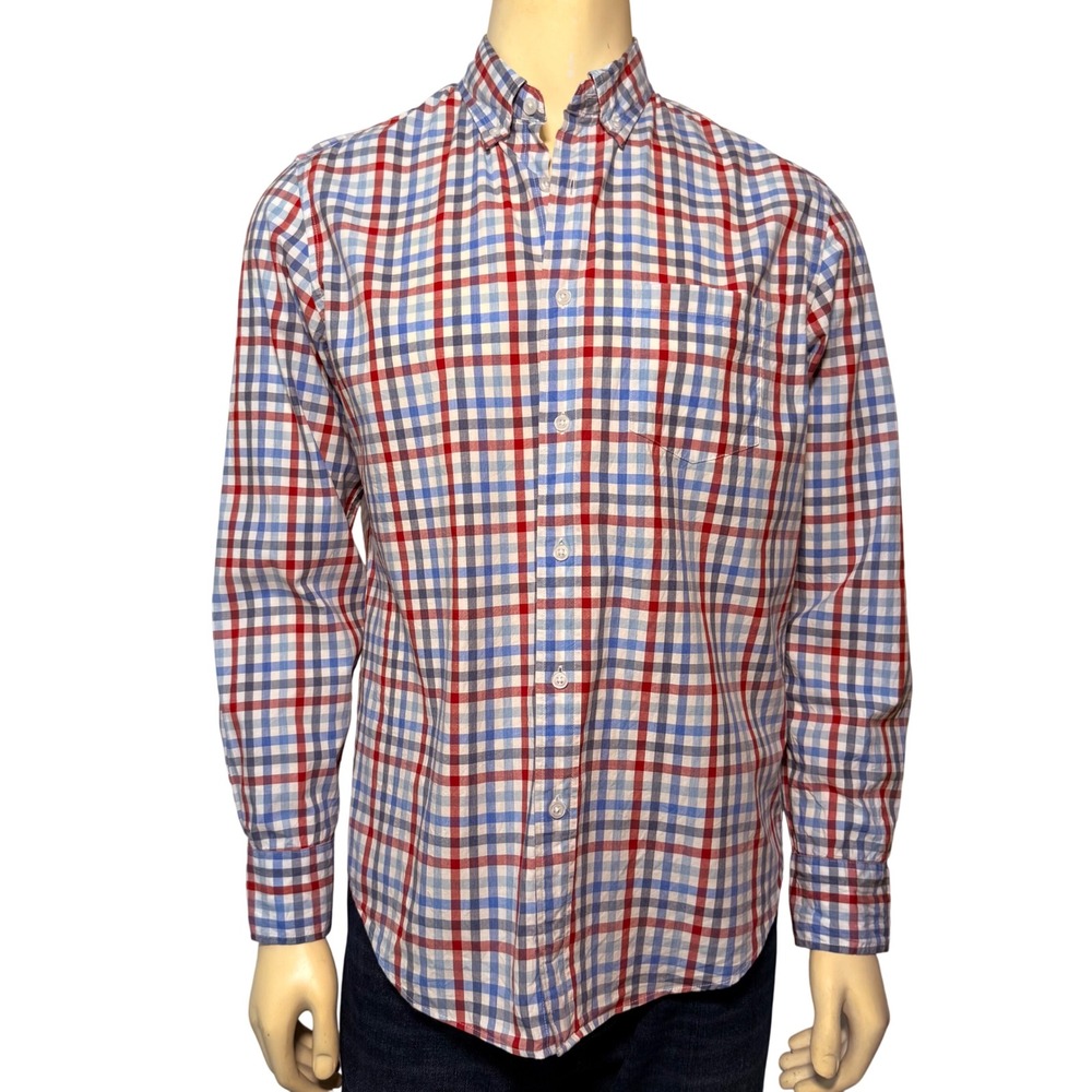 J.Crew Flex Washed Shirt Mens Medium Classic‎ Fit Red Blue Plaid Long Sleeve